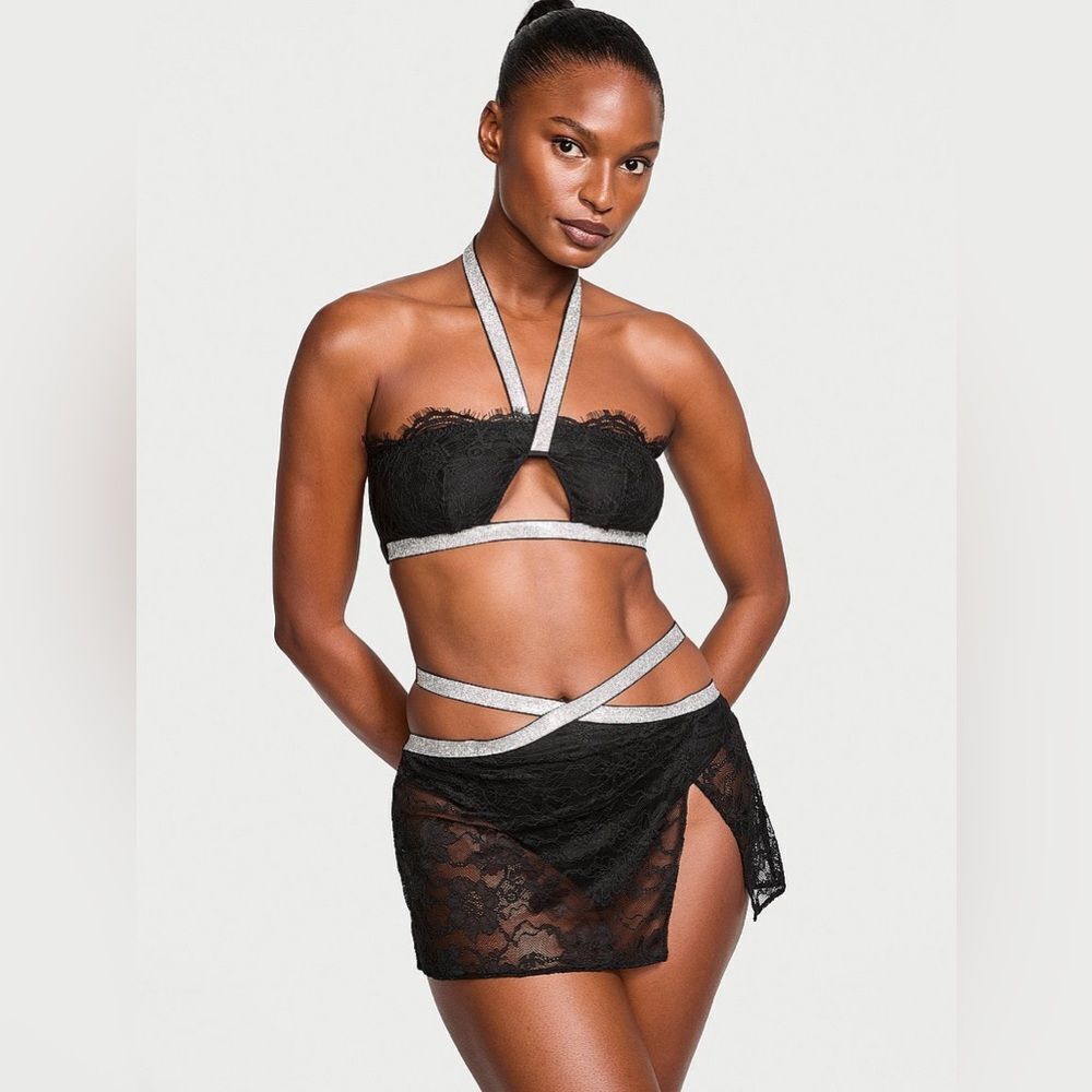 Victoria’s Secret shine strap halter Bralette and mini skirt set‎ black lace NWT